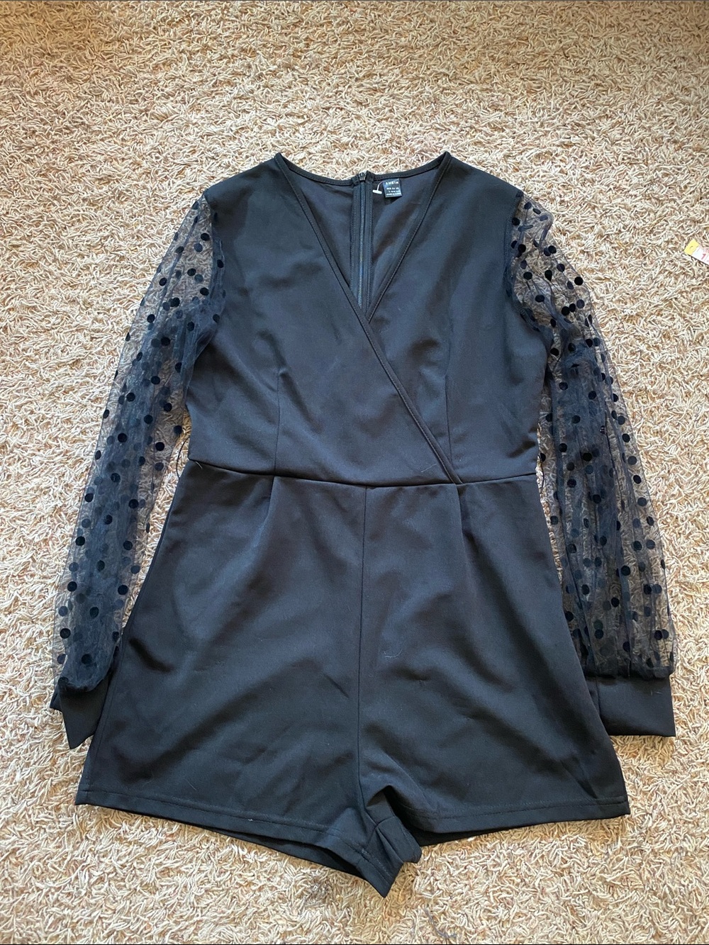 SHEIN Black Polka Dot Mesh Sleeve Romper Dress L